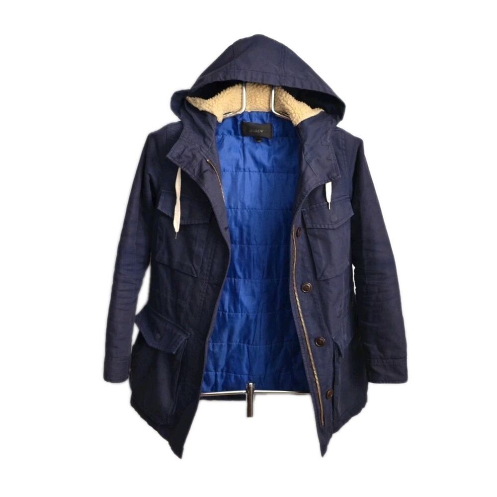 J. Crew Cargo Canvas Jacket Navy Warm Quilted Lining Hooded Coat SZ Small B0110